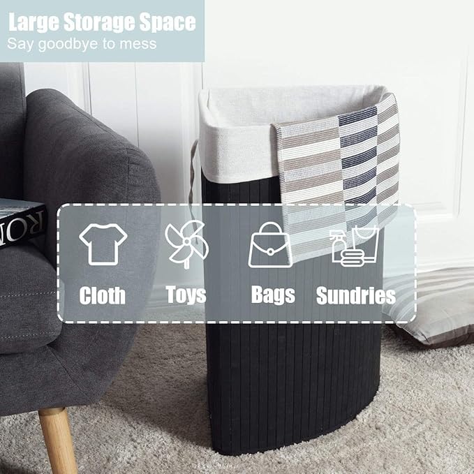 GOFLAME Corner Bamboo Laundry Hamper with Lid and Removable Liner, Washing Clothes Basket Storage Bin with Handle, Suitable for Bedroom, Bathroom, Laundry (Black)