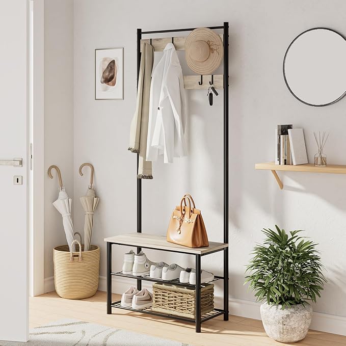 Hall Tree with Bench and Shoe Storage, 3-in-1 Coat Rack, Freestanding Wooden Coat Rack with Shoe Bench with Metal Frame, 3-Tier Storage Shelf and 9 Removable Hooks, Greige