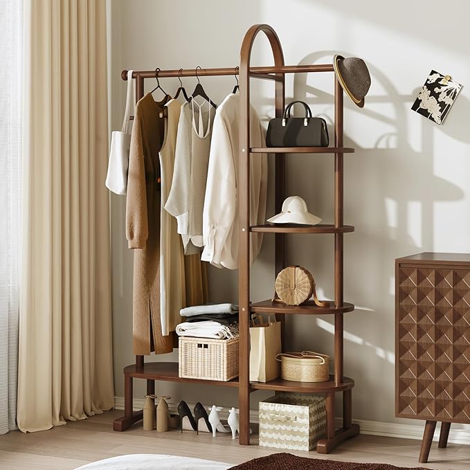 Solid Wood Clothing Rack with 4 Shelves Storage and 5 Wooden Hooks Clothes Rack,Multi-functional Coat Rack for Clothes, Shoes, Bags, Coat rack for Bedroom Entryway Living Room Hotel,Walnut