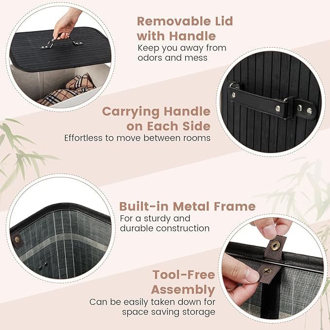 Giantex Bamboo Laundry Hamper with Lid, 72L Large & Tall Clothes Hamper with Removable Liner & Handles, Rectangular Laundry Basket for Small Spaces, Laundry Room, Bedroom (Black)