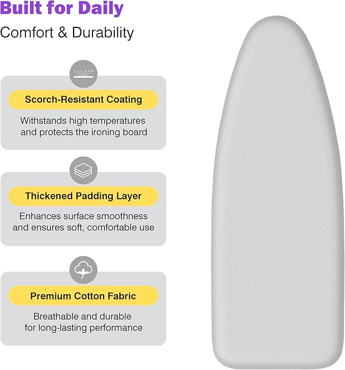 Ironing Board Cover and Pad 18x49 Large, Extra Thick Natural Cotton, Silicone Coated, Scorch Resistant, Elastic Edge with Hook Loop Strap, Wide Iron Board Padding, Heatproof Silver