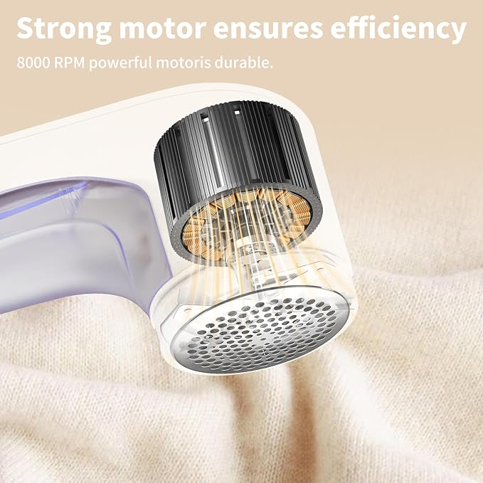 Rechargeable Fabric Shaver, Lint Remover for Clothes & Furniture, 3-Leaf Blades, Safety Lock, Pilling Remover Depiller for Fuzz, Lint, Pills, Bobbles (White)