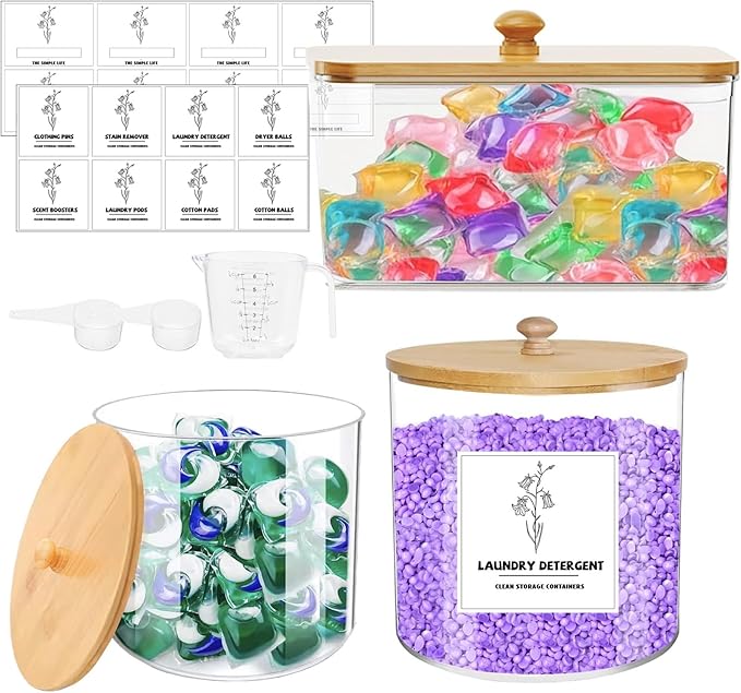 3 Pack Laundry Pods Container & Dryer Sheet Holder, Clear Plastic Laundry Room Organization and Storage Jars Set with Lids, Scoops, Labels for Detergent, Powder, Dryer Balls, Beads(Round)