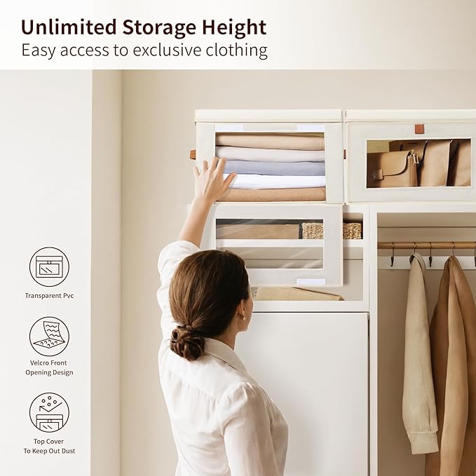 Small Fabric Storage bins - Collapsible Storage Bins with Open Window, 5 Pack Closet Baskets for Shelves, Stackable Decorative Boxes for Home, Dorm, Beige, 13.7"x 9.8" x 9.8"