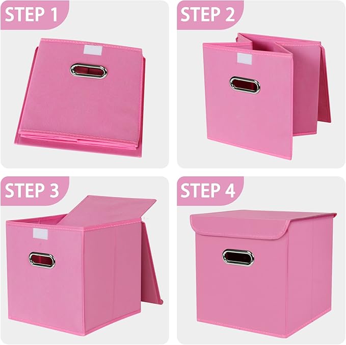 Closet Organizers Fabric Storage Bins With Lids Collapsible Cube Storages Organizer Basket With Handles,Storage Boxes for Clothes Storage,Office,Toys,3 Pack,（Pink