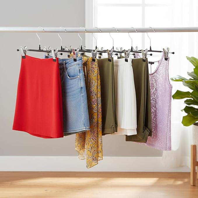 30 Pack Pants Hangers with Clips, 12 Inch Adjustable Skirt Hangers for Women, Black Metal Non-Slip Toursers Skirt Hanger Heavy Duty Space Saving Clothes Hanger for Shorts Jeans Coat