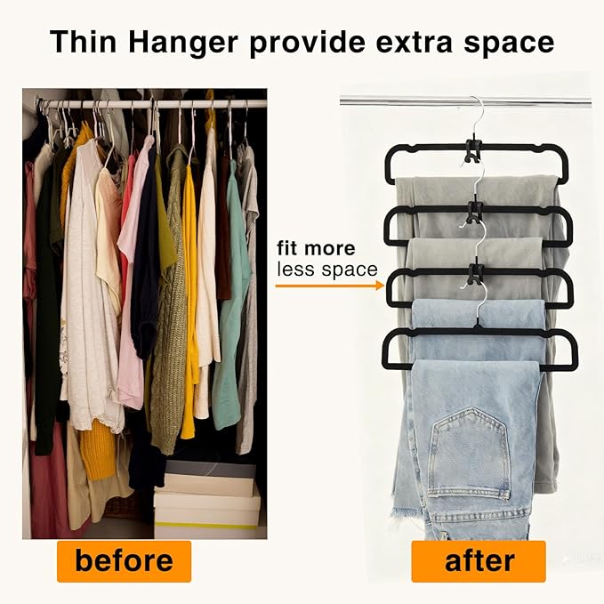 60sets/120pcs Velvet Pants Hangers Non Slip Black Felt Hangers with 60 Cascading Hooks, Space Saving 360 Degree Swivel Hook Closet Organizer for Jeans, Trousers, Leggings, Tank Top, Shorts and Skirts