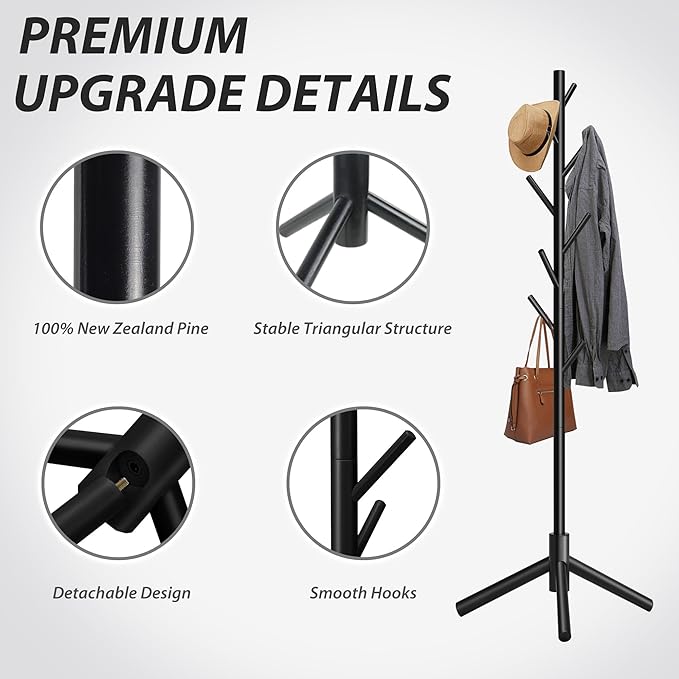Durable Wooden Coat Rack, Freestanding Coat Rack with Stable Triangular Base, 8 Hooks & 3 Adjustable Heights, Simple Assembly for Bedroom, Hallway, Office(New Black)