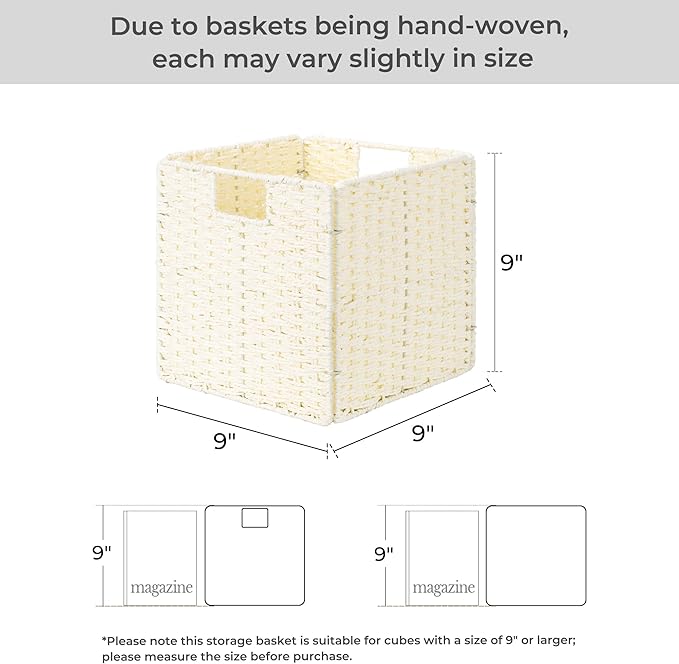 StorageWorks Beige Wicker Baskets, Handwoven Storage Cubes with Handles, Foldable Paper Rope Basket for Organizing, 9 inch, 2 Pack