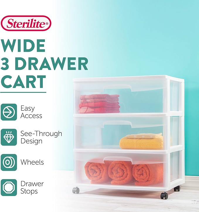 Sterilite Wide 3 Drawer Storage Cart, Plastic Rolling Cart with Wheels to Organize Clothes in Bedroom, Closet, White with Clear Drawers, 4-Pack
