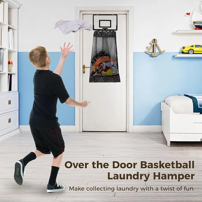 Over the Door Basketball Laundry Hamper, Hanging Laundry Basket with Basketball Hoop, Basketballs Laundry Hamper with Zipper, Removable Basketballs Hoop Laundry for Room Bathroom (Black)