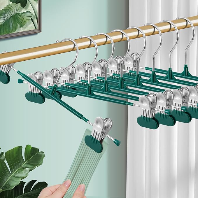 14Inch Clothes Pants Hangers with Wide Clips 20 Pack,Non-Slip Adjustable Skirt Hanger for Women,Space-Saving Heavy Duty Men Hangers for Pants,Trousers,Jeans,Shorts,Green