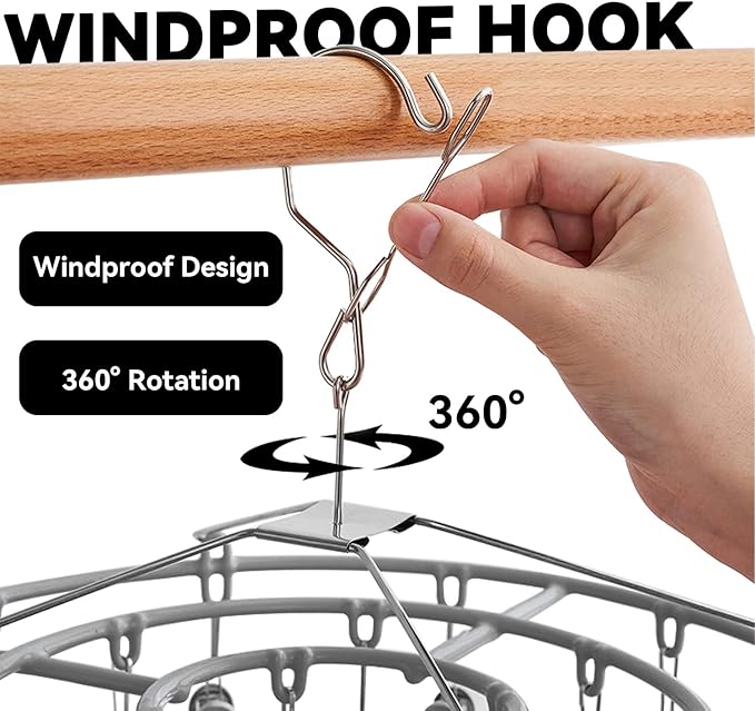 Stainless Steel Laundry Drying Rack Clothing Sock Drip Clothes Drying Hanger with 24 Clips, Swivel Windproof Hook Round Heavy Duty Underwear Hanger for Indoor Outdoor Wet and Dry (Grey)