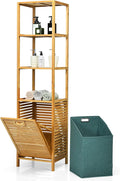 Byroce Bamboo Tilt Out Laundry Hamper with Shelves, 4-Tier Storage Shelf with Removable Laundry Basket & Handle, Tower Hamper Cabinet Organizer for Bathroom, Bedroom, Laundry Room, Living Room