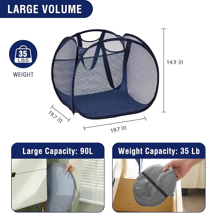 TECHMILLY Collapsible Mesh Pop Up Laundry Hamper with Strong Handles, Large Opening Clothes Hamper with Side Pockets, Storage Baskets for Dorm, Laundry Room, Bathroom or Travel (Blue, 90L)