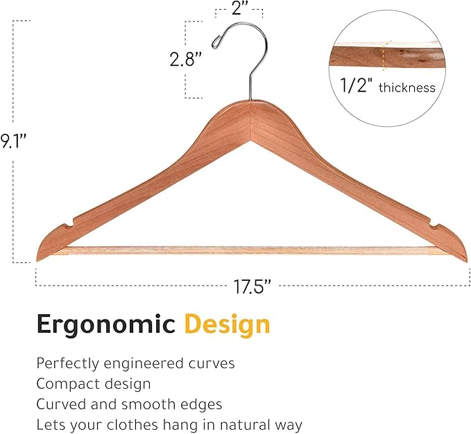 Quality Wooden Hangers - Slightly Curved Hanger 30-Pack Sets - Solid Wood Coat Hangers with Stylish Chrome Hooks - Heavy-Duty Clothes, Jacket, Shirt, Pants, Suit Hangers (Natural, 30), 17.5 inch