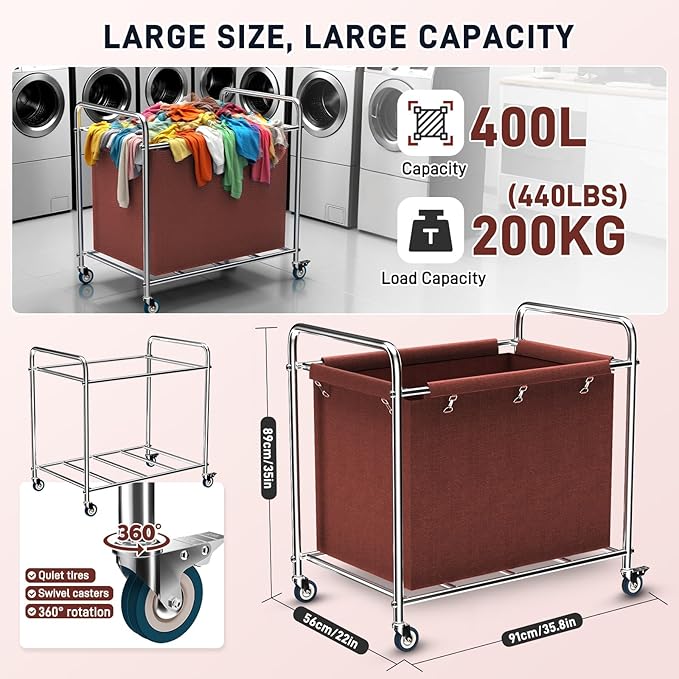 Commercial Laundry Cart with Wheels, 400L Heavy Duty Laundry Cart on Wheels for Home & Hotel, Waterproof Oxford, Sturdy Steel Frame, Easy to Install(Brown)