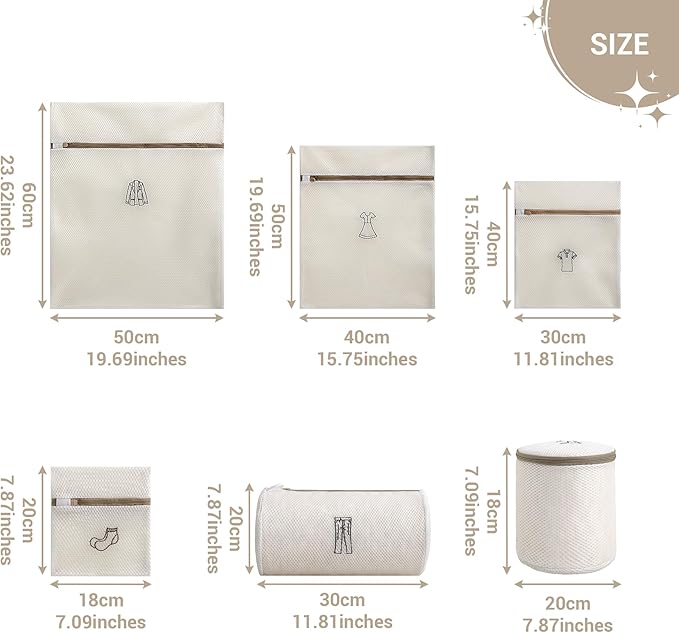 6PCS Logo Category Double Thickened Fine Mesh Laundry Bag Set with Zipper (Hosiery + Shirt + Dress + Jacket + Pants + Bra Bag)