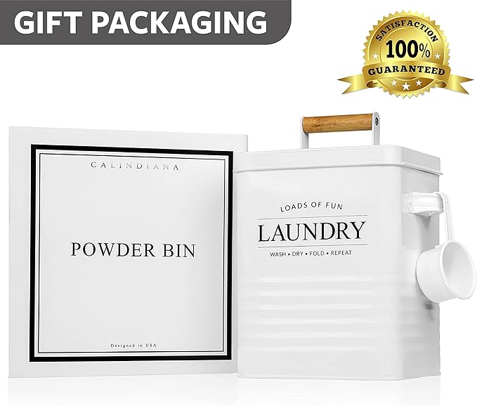 Calindiana Modern Farmhouse Metal Laundry Soap Dispenser with Scoop for Decor and Space Saving Organization, White