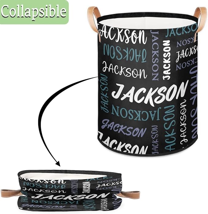 Custom Name Large Laundry-Basket for Kids-Boys-Girls, Personalized Foldable Waterproof Laundry Hamper Dirty Clothes Toys Storage Bin with Handles,Black