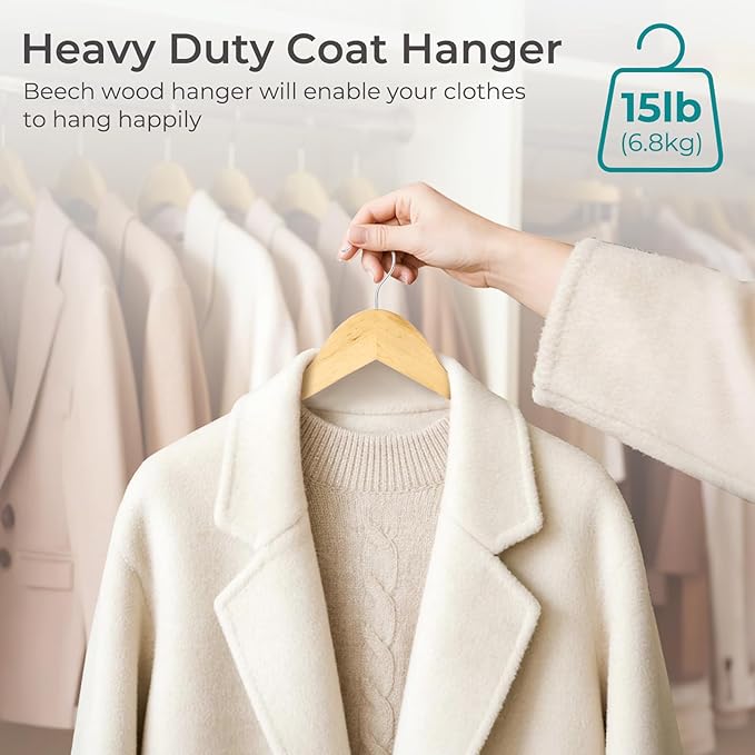 HOUSE DAY Premium Wooden Coat Hangers 30 Pack, Heavy Duty Solid Wood Clothes Hangers with 360° Swivel Hook & Pant Bar for Jackets, Dress, Shirts, Natural Wood Suit Hanger for Closet Organizer