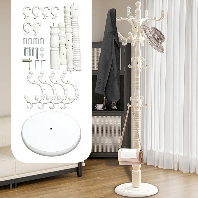Wooden Coat Rack Free standing 18 Hooks, Vintage Coat Rack Stand for Entryway, Adjustable Height 73", Heavy Duty Coat Tree with Solid Round Base for Home Bedroom, Office (vintage White)