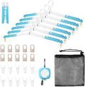 6 Pack Fodable Travel Hangers with Clips & Adjustable Clothesline, Portable Collapsible Hangers with Storage Bag for Suitcase, Hotel, RV, Cruise Essentials Set (Blue)