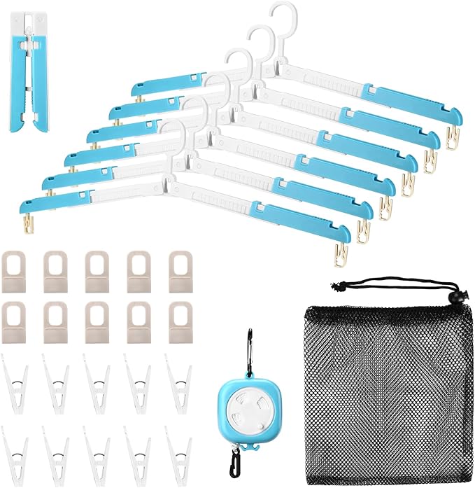 6 Pack Fodable Travel Hangers with Clips & Adjustable Clothesline, Portable Collapsible Hangers with Storage Bag for Suitcase, Hotel, RV, Cruise Essentials Set (Blue)