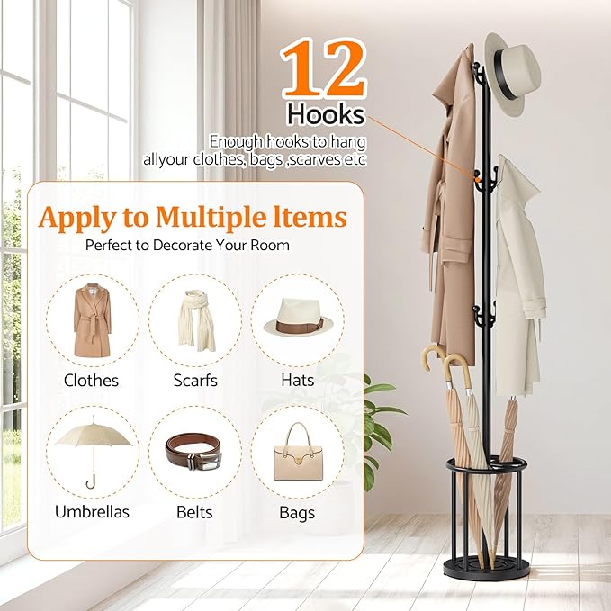 Coat Rack Freestanding, Hat Rack Hall Tree Coat Hanger Umbrella Stand for Entryway, Black Coat Rack with Umbrella Holder, Tree Stand Corner Hall Tree Rack for Hat, Umbrella, Purse, Bag, Clothes