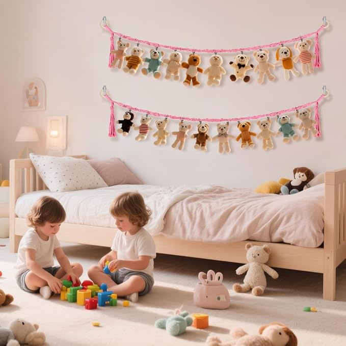 80" 2-Pack Cotton Hanging Storage Chain For Stuffed Animals Storage with 20 Metal Clips, Stuffed Animal Organizer Chain for Wall Corner Nursery Play Room, Pink
