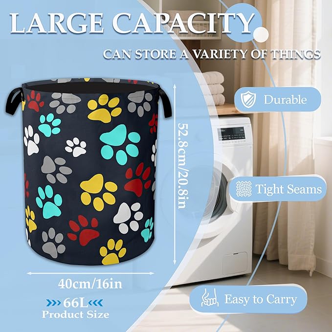 Colourful Paw Prints Laundry Basket Collapsible Laundry Hamper with Handle, Oxford Clothes Toy Storage Bin for Bathroom Bedroom Room Decor 16" X 20.8"