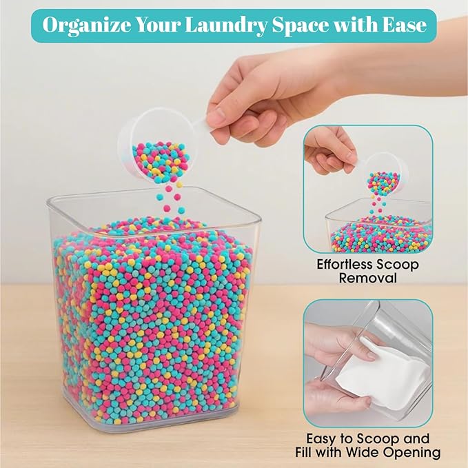 1+1 Laundry Pods Container and Dryer Sheet Holder Set, Clear Laundry Room Organization Containers with Bamboo Lids, Scoops, 10 Labels & 20 Clothespins, Laundry Containers for Pods and Powder