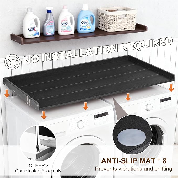 Washer Dryer Countertop, HDPE Laundry Countertop with Edge Rails, No-Installation-Black