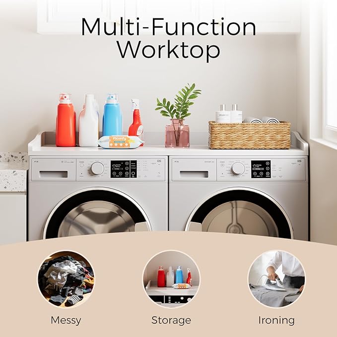 Washer Dryer Countertop, 54" W x 27.5"D Washer Dryer Topper with Non-Slip Mat, Laundry Countertop Organizer for Folding Clothes, White