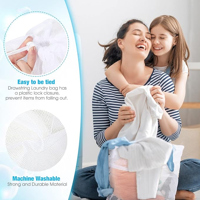 12 Pack 24 x 36 Inches Mesh Laundry Bag large Drawstring Heavy Duty Bag Bulk, Durable Machine Washable Storage for Factories, College, Dorm Hotel and Apartment Dwellers, White