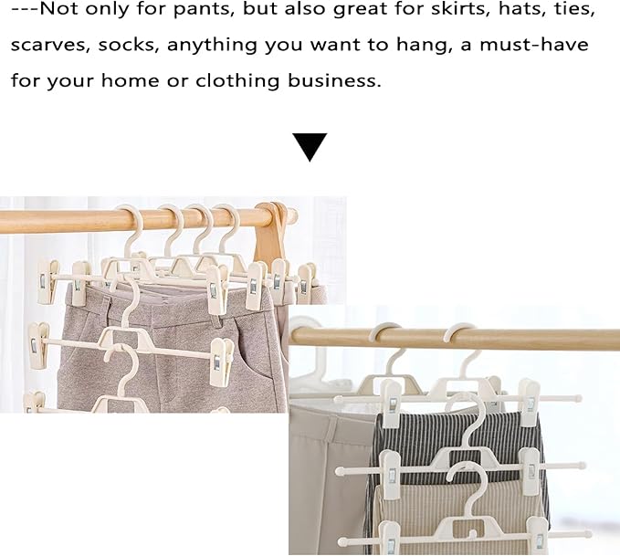 Plastic Pant Hangers with Clips, 10 Pcs Pants Hangers with 360°Rotating & Adjustable Clips, Stackable Clothes Hanger for Skirt, Closet Organizer and Storage | Space Saving (White)