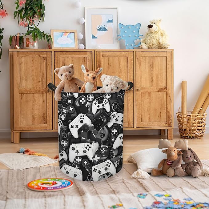 Gaming Gamer Laundry Basket, Toybox for Boys Room, Black and White Game Laundry Basket Hamper Waterproof Collapsible Clothes Toys Storage Bin Organizer for Bedroom Bathroom Boys Gamer Room