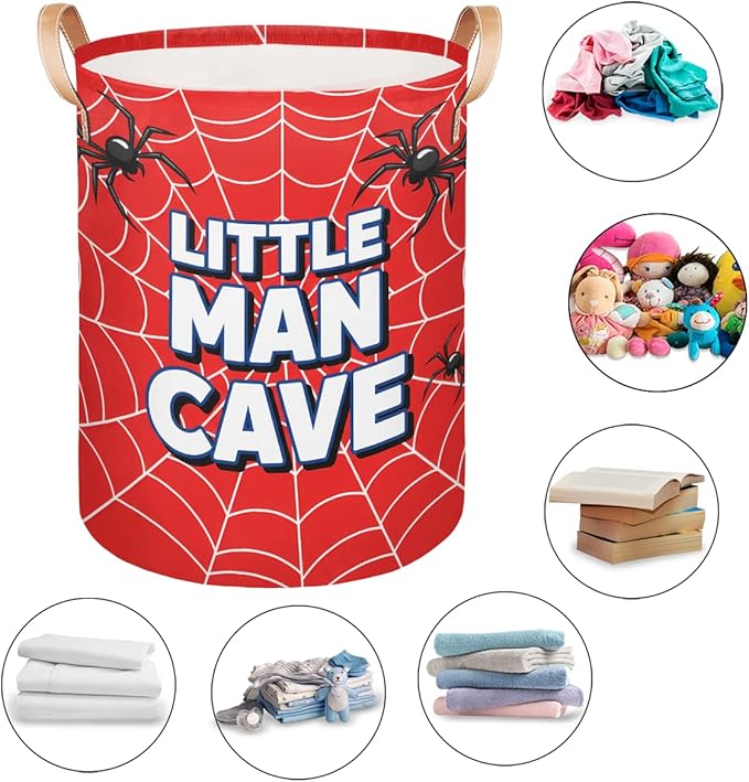 Little Man Cave Laundry Basket Hamper - Spider Web Collapsible Storage Bin for Blankets, Kids Toys, Clothes, 62L Large Red Tall Baby Nursery Hamper for Bathroom, Boys Bedroom Decor, Gift Basket