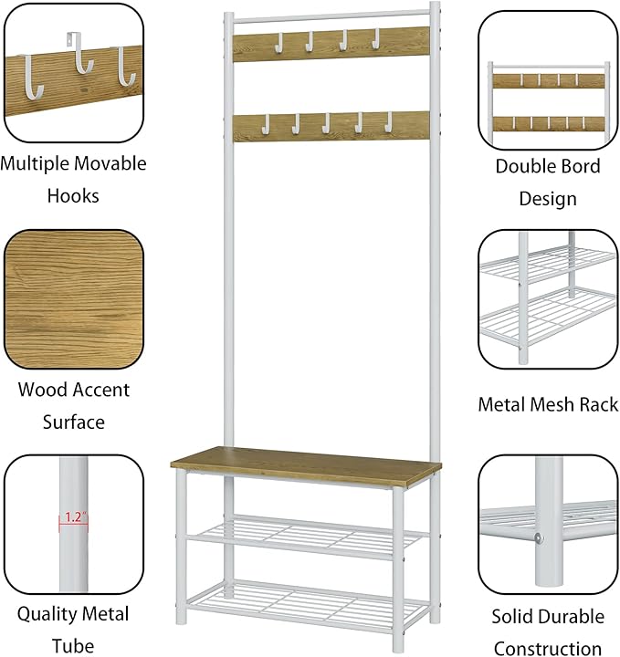 Hall Tree with Bench and Shoe Storage, 3-in-1 Coat Rack Shoe Bench, Freestanding Wooden Coat Rack with Metal Frame, 3-Tier Storage Shelf and 9 Removable Hooks, White/Walnut