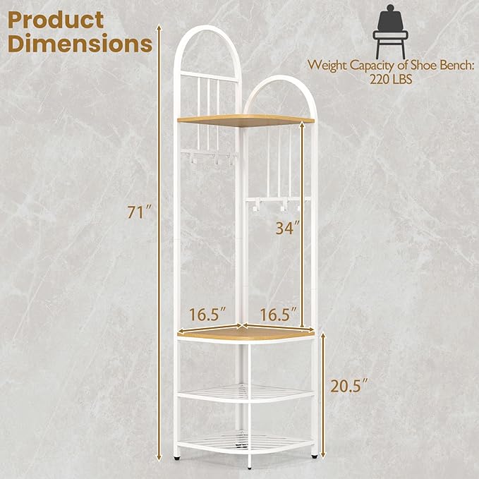 Tangkula Corner Hall Tree, 71 Inch Tall Entryway Coat Rack with Shoe Bench & 4 Storage Shelves, 6 Movable Hooks, Freestanding Metal Corner Clothes Rack for Bedroom Hallway Living Room