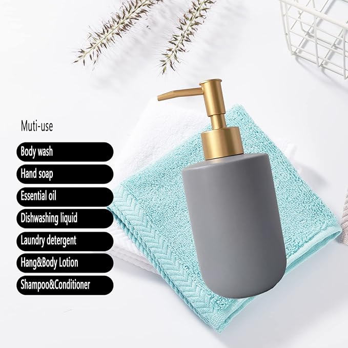Gray Hand Soap Dispenser with Gold Pump for Bathroom and Kitchen, Refillable Countertop Lotion, 420ml Cylindrical Bottle