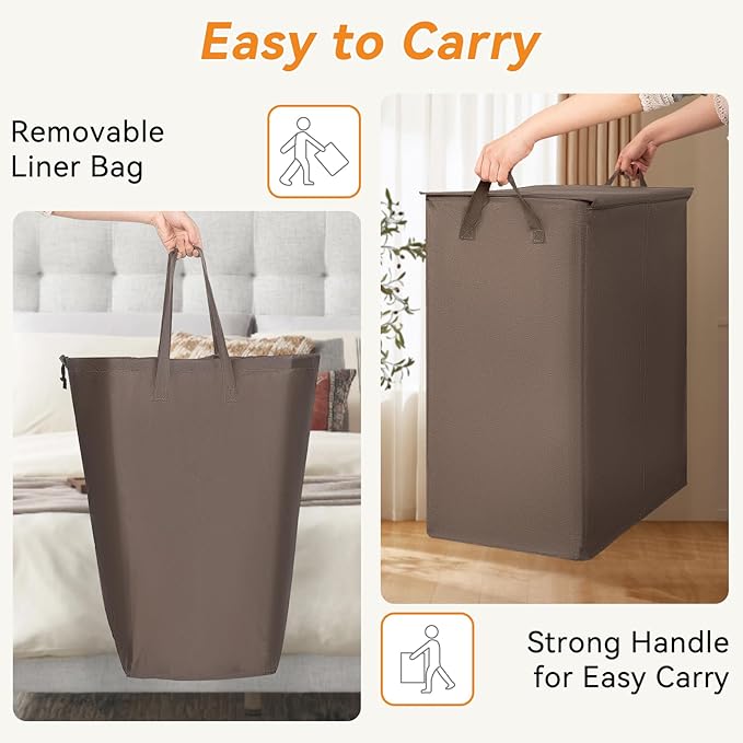 Chrislley 140L Laundry Hamper 2 Section, Double Laundry Basket with Lid, Large Dirty Clothes Hamper with Removable Liner Bags, Collapsible Laundry Organizer for Bedroom, Dorm,Brown