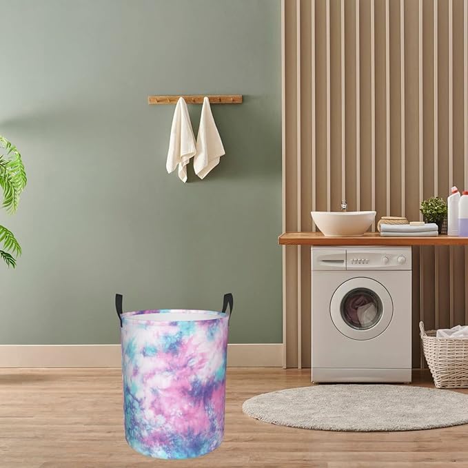 Dujiea Pastel Blue Pink Tie Dye Laundry Basket Round with Handle, Collapsible Foldable Canvas Storage Bin Dirty Clothes Bag for Laundry/Toys Organizer/College Dorm/Nursery/Decor(2 Sizes)