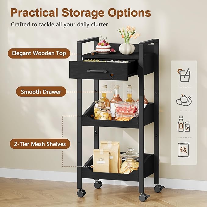 Hoctieon 3-Tier Rolling Storage Cart with Drawer, Rolling Utility Cart Organizer, Mobile Shelving Unit with Wheels, Metal Frame, Kitchen Utility Cart for Small Space, Office, Bathroom, Black