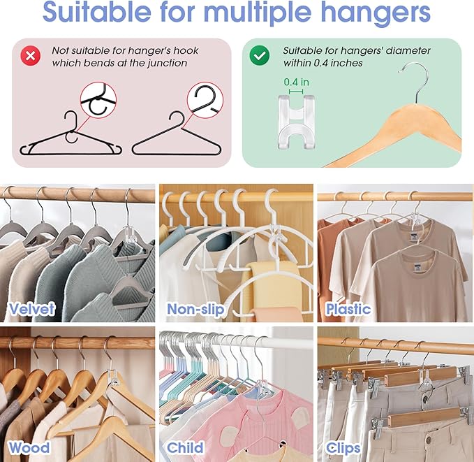 80Pcs Clothes Hanger Connector Hooks, Plastic Space Saving Heavy Duty Hanger Extender Clips for Closet Organizers, Clear