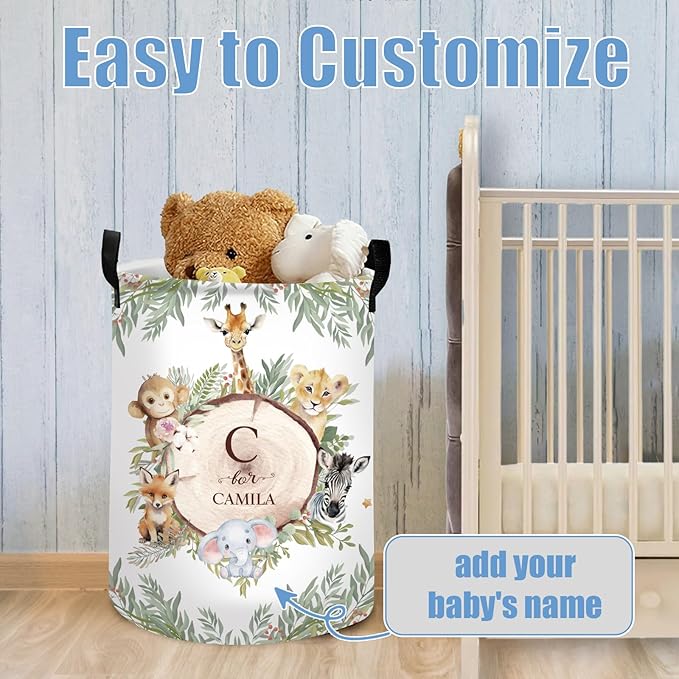 Personalized Baby Name Hamper with Name, Custom Laundry Baskets for Toddler Adults, Customize Woodland Animals Baby Boys Laundry Hamper Storage Organizer 2 Sizes for Nursery