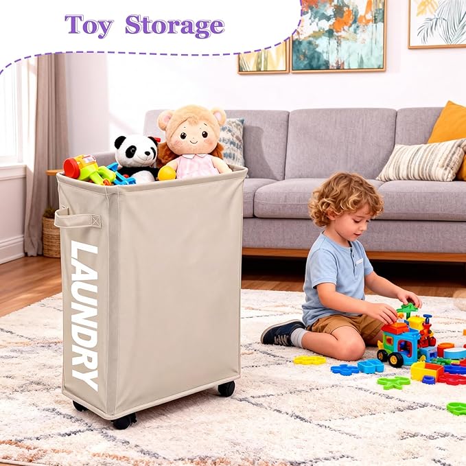 Slim Rolling Laundry Hamper with Wheels, 42L Collapsible Narrow Laundry Basket with Drawstring Mesh Cover, Foldable Dirty Clothes Organizer for Bathroom, Dorm, Small Spaces, Khaki