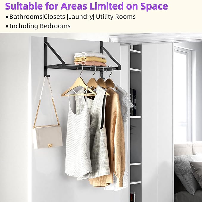 Over The Door Clothes Hanger with 2 Hooks, Stainless Steel Over The Door Hangers for Clothes with Storage Rack, Clothing Hanger Drying Racks for Laundry, Washroom, Fits Door Up to 1.77", Matte Black