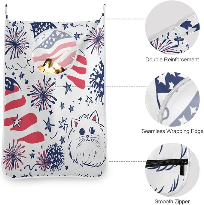 Hanging Laundry Hamper Over the Door with Stainless Steel Hooks Rack Dirty Clothes Wall Mounted Hamper Basket Bag 29.5X20inch White Persian Cat Independence Day