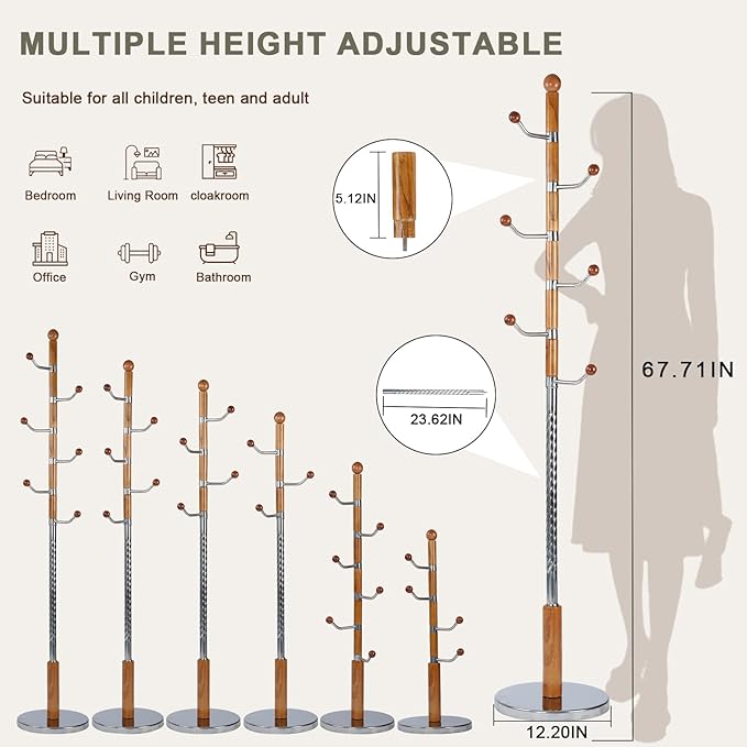 Wooden coat rack stand, Heavy duty coat racks tree freestanding with 6 Hooks and Sturdy Metal Base, Coat tree for jacket,Hats, Bags, Purses, clothes (Round base-Natural)